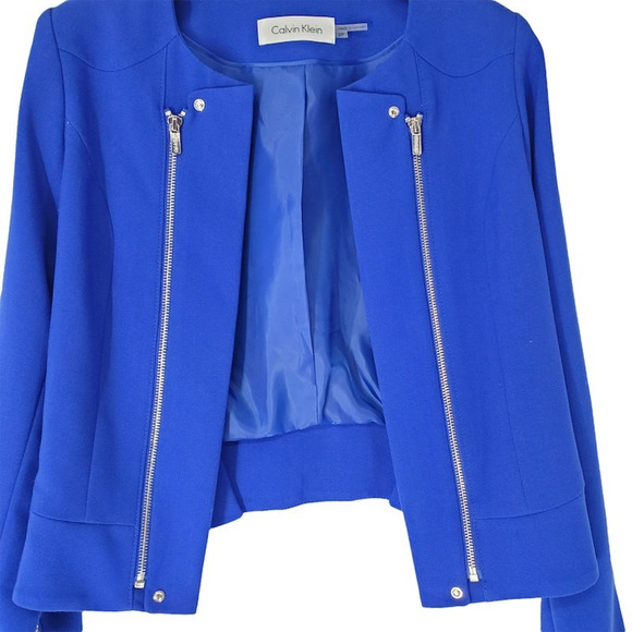 Calvin Klein Womens Open Front Jacket Royal Blue Lined Zippers Petites 2P - Picture 3 of 11